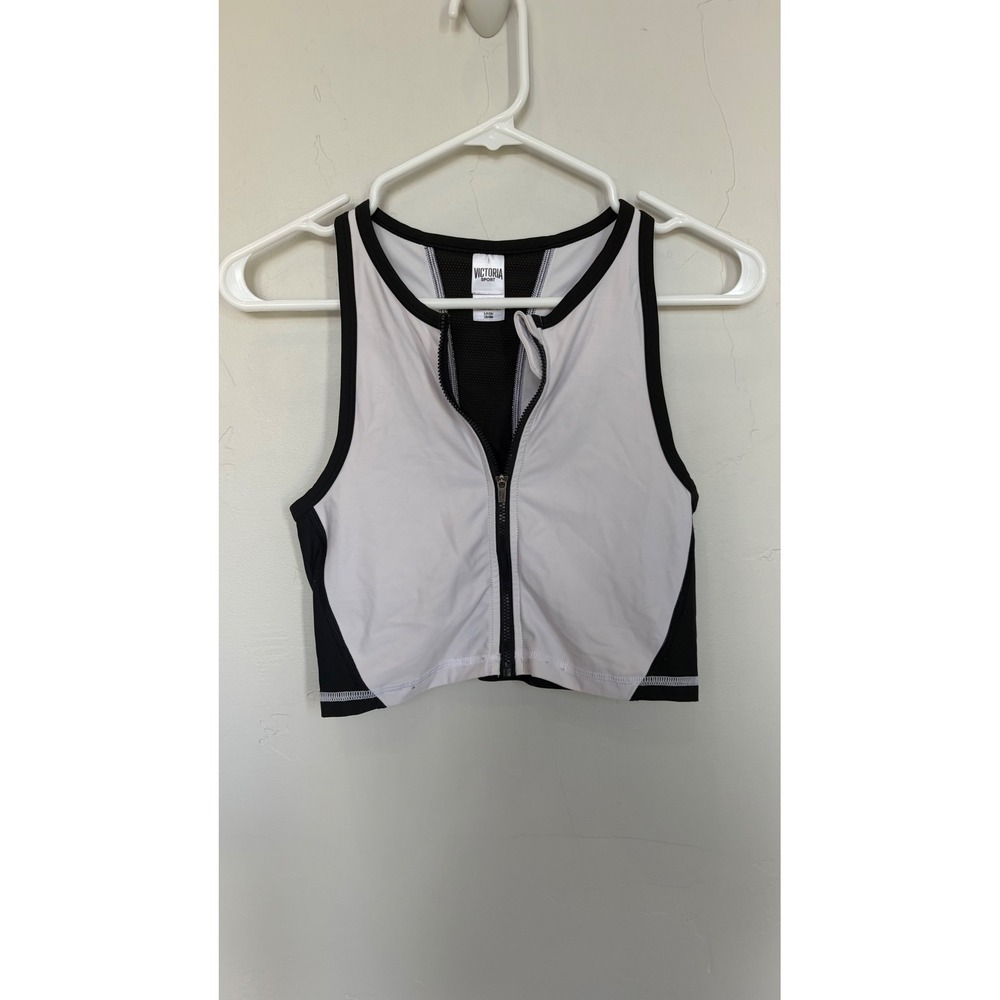 Victoria Sport WomanSmall White Black Zip Front Mesh Back Athletic Crop Top Tank - Picture 2 of 5